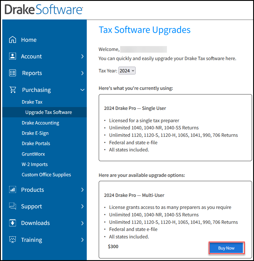 Tax Software Upgrade window
